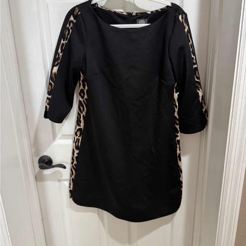 Vince Camuto Black Sheath Dress w/ Leopard Print Trim‎ – Size 12